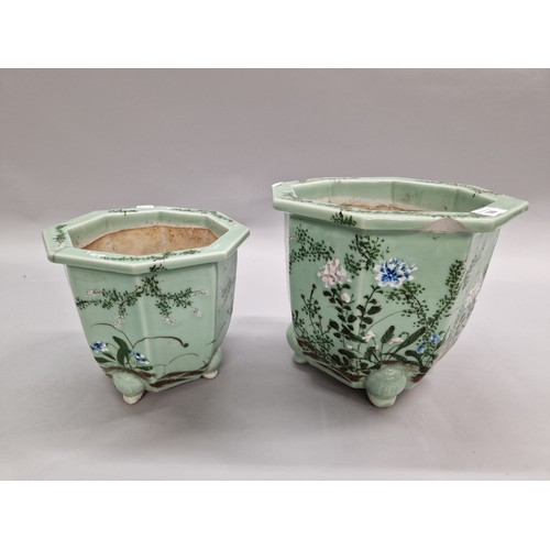 290 - Pair of graduated Oriental green glazed floral decorated jardinières.