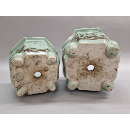 290 - Pair of graduated Oriental green glazed floral decorated jardinières.