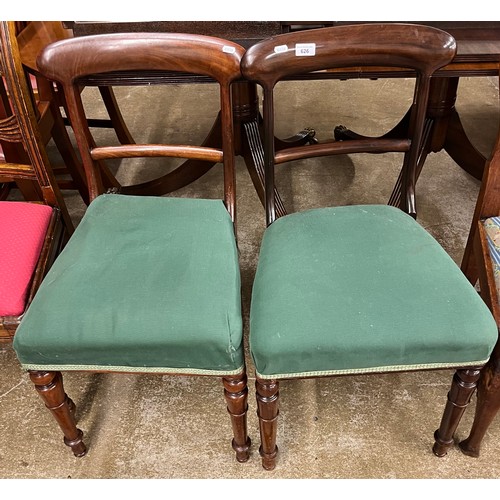 626 - Pair upholstered mahogany dining chairs raised on turned legs