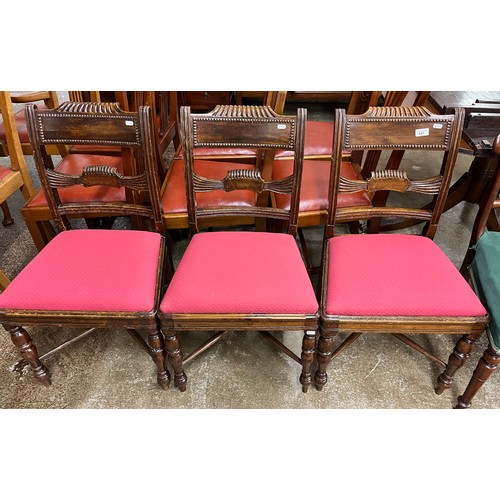 627 - Set of three upholstered mahogany ladder back dining chairs