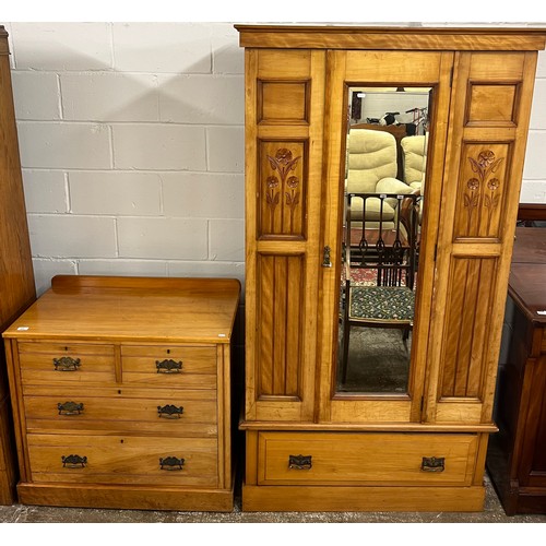 604 - Pine two over two chest & carved mirrored wardrobe 