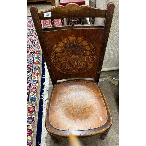 628 - Oak inlaid dining chair with foliage & fleur-de-lis detail 