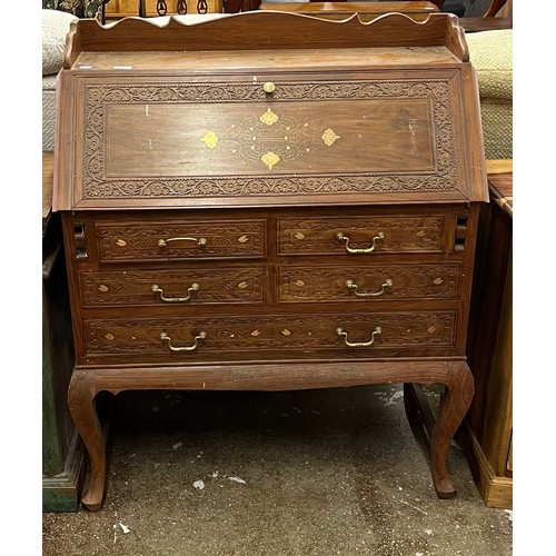 633 - Carved brass inlaid writing bureau with five fitted drawers, raised on cabriole legs