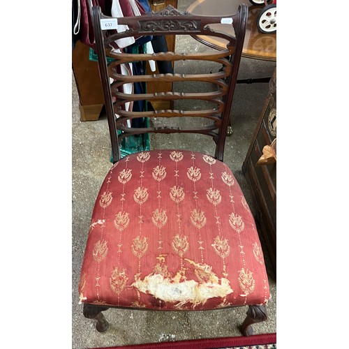 637 - Upholstered ladder back dining chair, raised on cabriole legs (damaged)