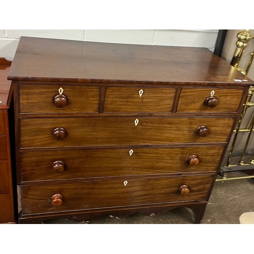 654 - 19th Century mahogany three over three chest of drawers, raised on bracket feet. H 108cm, W 122cm, D... 