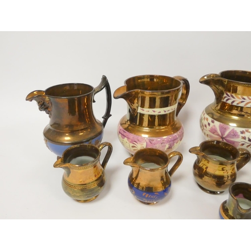 63 - Group of 19th century lustre jugs, various graduated sizes and styles, largest 17cm. (11)