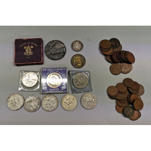 87C - German Keine Bann Ware medallion, a Masonic coin, crowns, assorted other coins including British pen... 