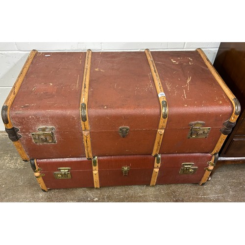 667 - Pair vintage wood bound travel trunks