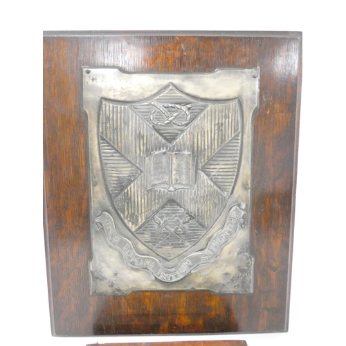 274 - White metal armorial college plaque bearing saltire above latin motto ''Timor Domini Initium Sapient... 