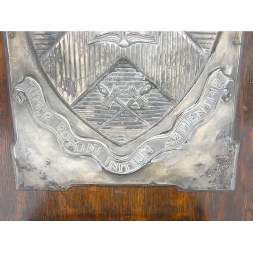 274 - White metal armorial college plaque bearing saltire above latin motto ''Timor Domini Initium Sapient... 