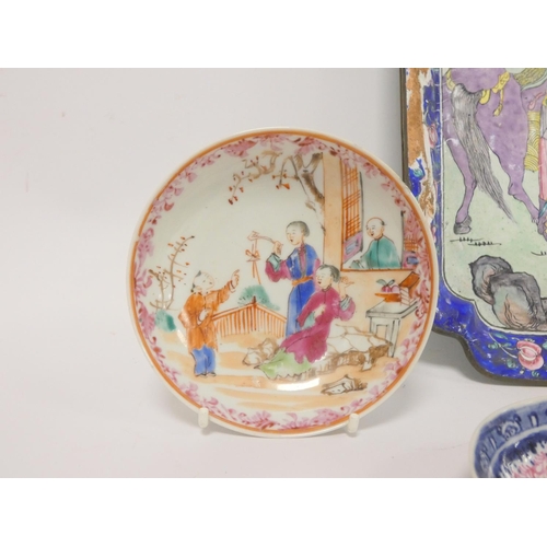 264 - Group of 18th/19th century Chinese ceramics to include an enamel serving tray with traveler scene (a... 