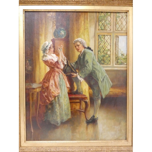 348 - In the manner of Francis S MuschampParlour scene with lovers.Oil on canvasIndistinctly signed lower ... 