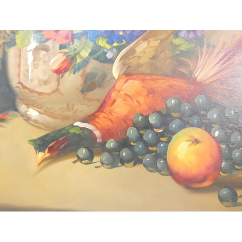 352 - Artist UnknownContemporary still life of game and fruit.Oil on canvasIndistinctly signed lower left.... 