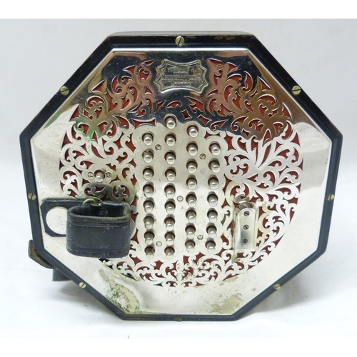 339 - C Wheatstone & Co, LondonSixty-four button concertina, c. 1920, no. 35155, with pierced nickel p... 