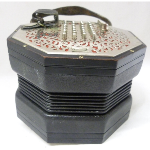 339 - C Wheatstone & Co, LondonSixty-four button concertina, c. 1920, no. 35155, with pierced nickel p... 