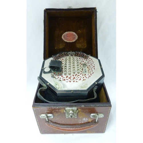 339 - C Wheatstone & Co, LondonSixty-four button concertina, c. 1920, no. 35155, with pierced nickel p... 