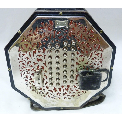 339 - C Wheatstone & Co, LondonSixty-four button concertina, c. 1920, no. 35155, with pierced nickel p... 