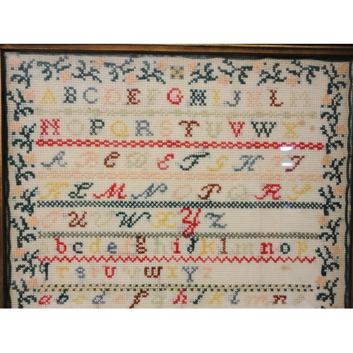 417 - Edwardian needlepoint sampler, worked by Maggie E Black, Palnackie 1906, with stitched alphabets abo... 