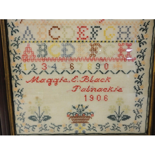 417 - Edwardian needlepoint sampler, worked by Maggie E Black, Palnackie 1906, with stitched alphabets abo... 