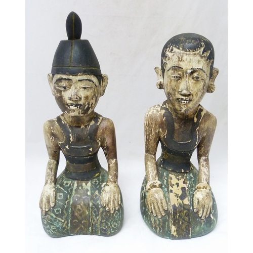 373 - Pair of carved and painted wood Loro Blonyo figures, origin Burma, modelled as a wedding couple, bot... 