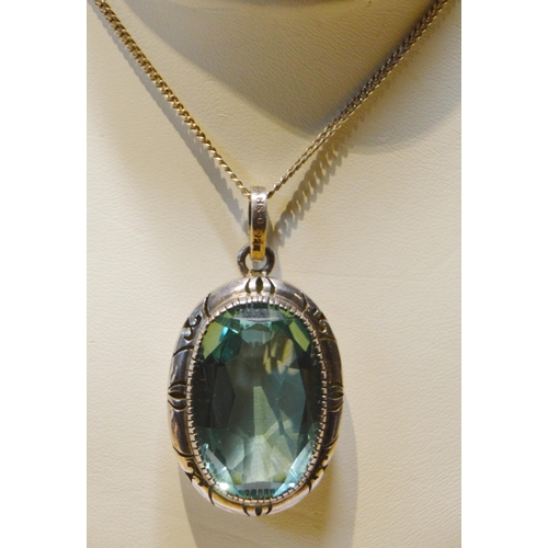 148 - Chrysoprase pendant, in silver, silver mounted pendant on chain and necklace.  (3)