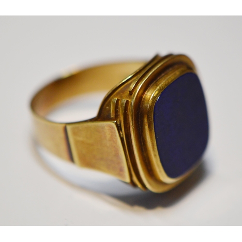 159 - Gent's 14ct gold lapis lazuli signet ring, '585', size X, 13.9g gross.