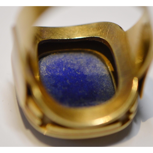 159 - Gent's 14ct gold lapis lazuli signet ring, '585', size X, 13.9g gross.