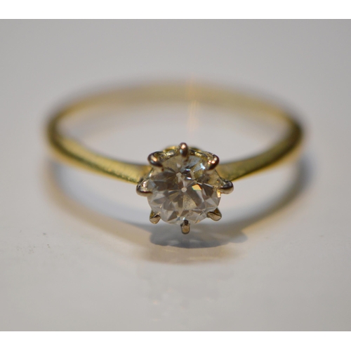 164 - Diamond solitaire ring with old-cut brilliant, approximately .7ct, gold and platinum, size Q.