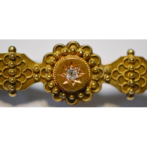 166 - Victorian gold bar brooch with diamond, '15ct', 3.3g gross.