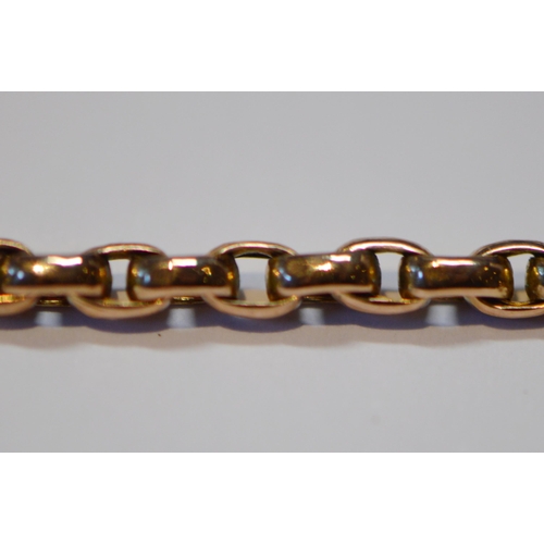 169 - 9ct rose gold belcher-link chain with catch, 72cm long, 26g.