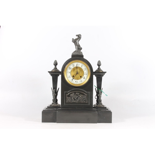 11 - French slate mantel clock decorated with classical panels, horse finial, the movement stamped made i... 