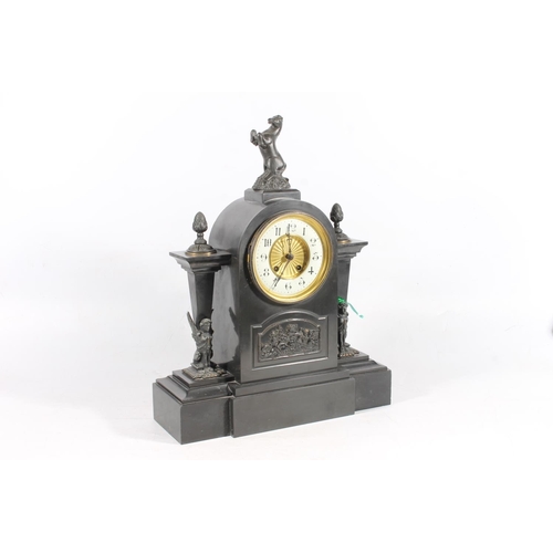 11 - French slate mantel clock decorated with classical panels, horse finial, the movement stamped made i... 