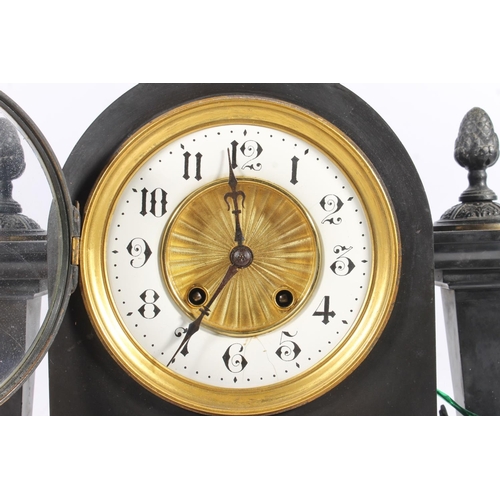 11 - French slate mantel clock decorated with classical panels, horse finial, the movement stamped made i... 