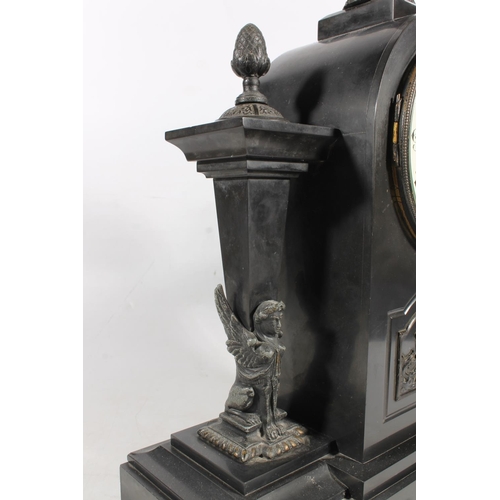 11 - French slate mantel clock decorated with classical panels, horse finial, the movement stamped made i... 