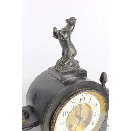 11 - French slate mantel clock decorated with classical panels, horse finial, the movement stamped made i... 