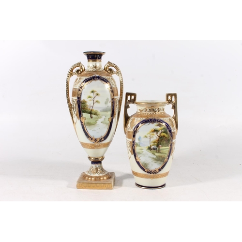 117 - Noritake ewer vase decorated with vignette, 32cm, another smaller, a Chinese blue and white prunus b... 