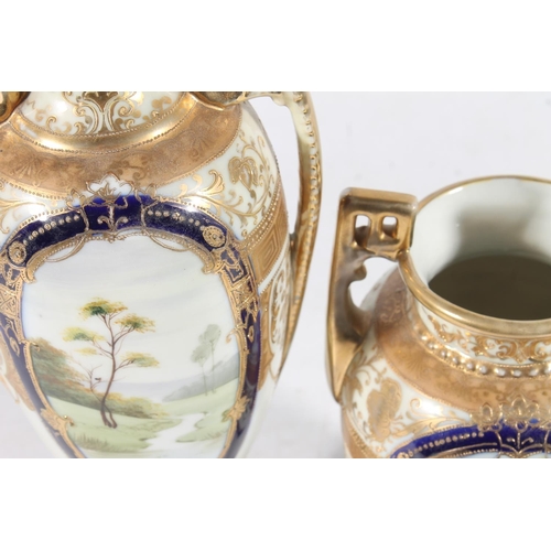 117 - Noritake ewer vase decorated with vignette, 32cm, another smaller, a Chinese blue and white prunus b... 