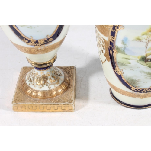 117 - Noritake ewer vase decorated with vignette, 32cm, another smaller, a Chinese blue and white prunus b... 