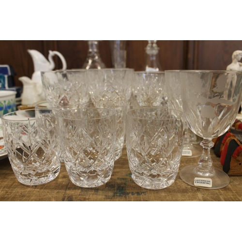 122 - Glassware to include a decanter, cut crystal drinking glasses, a pair of Caithness wedding glasses, ... 