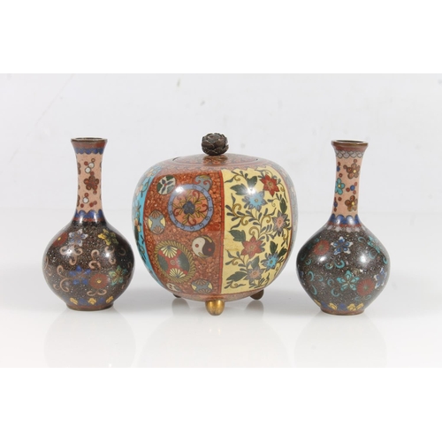 14 - Oriental cloisonné pumpkin shaped pot and cover, 9.5cm high and a pair of cloisonné mi... 