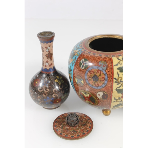 14 - Oriental cloisonné pumpkin shaped pot and cover, 9.5cm high and a pair of cloisonné mi... 