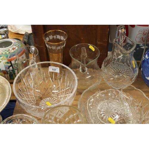 157 - Glassware to include crystal bowls, ewer jugs, etc., and vintage bottles to include Bovril, Gordons ... 
