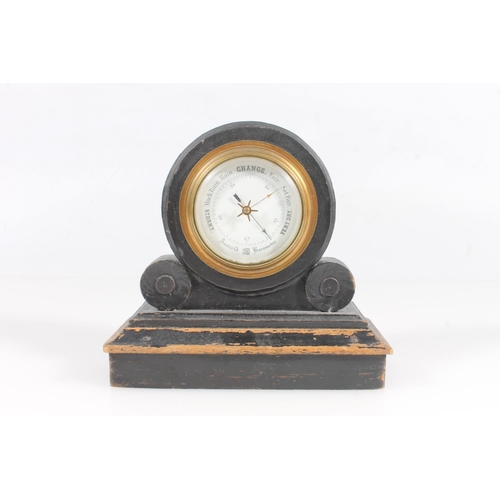 20 - Aneroid barometer in mantel mount, 15cm high, and a pocket barometer by Negretti & Zambra, held ... 