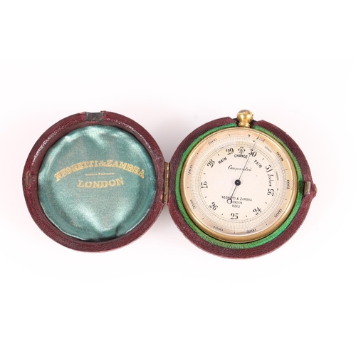 20 - Aneroid barometer in mantel mount, 15cm high, and a pocket barometer by Negretti & Zambra, held ... 