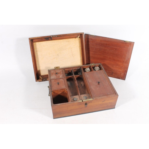 22 - Antique mahogany hinge top travelling box, the interior with fitted lift up boxes and compartments, ... 