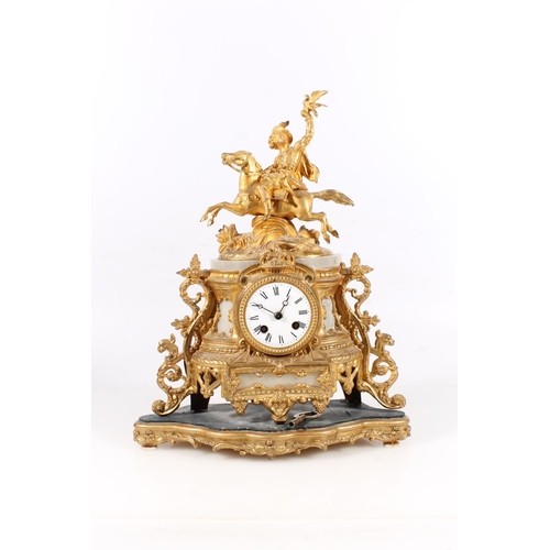 25 - French gilt spelter mantel clock in Rococo style with falconer on horseback surmount, the movement s... 