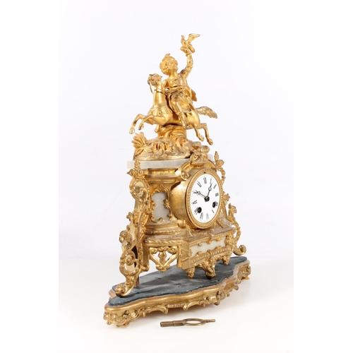 25 - French gilt spelter mantel clock in Rococo style with falconer on horseback surmount, the movement s... 