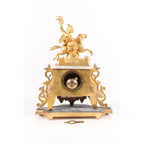 25 - French gilt spelter mantel clock in Rococo style with falconer on horseback surmount, the movement s... 