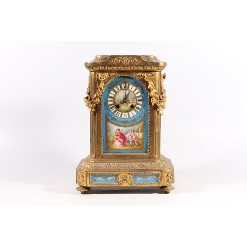 31 - French gilt metal mantel clock, inset with Sevres style porcelain panels, the works stamped A D Moug... 