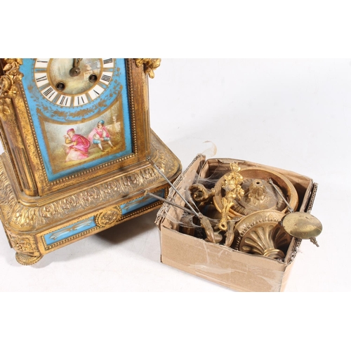 31 - French gilt metal mantel clock, inset with Sevres style porcelain panels, the works stamped A D Moug... 